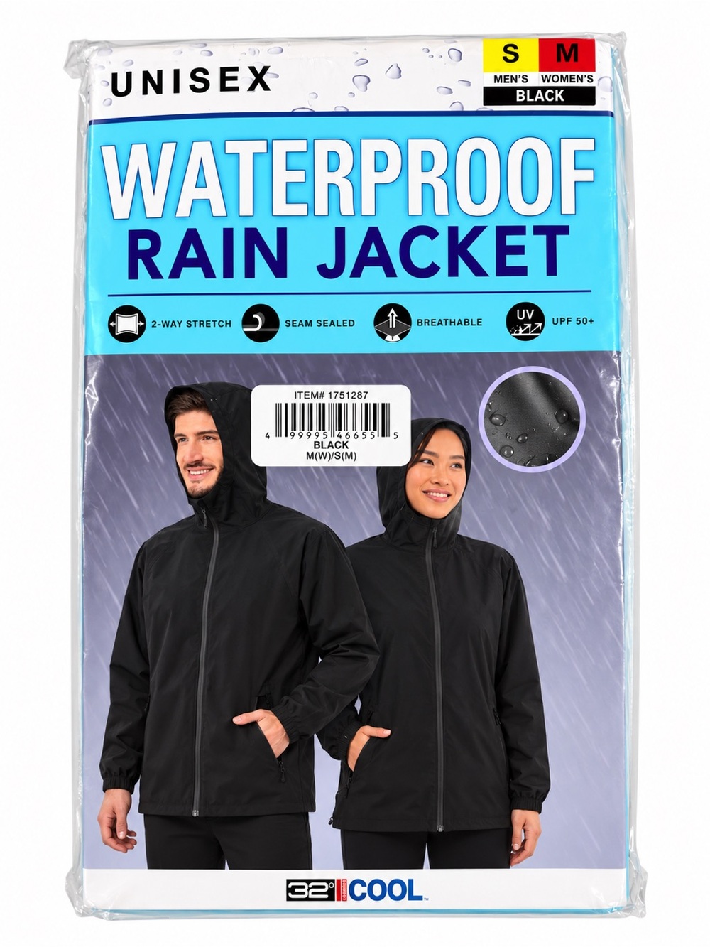 UNISEX Waterproof Rain Jacket by 32° COOL - Black